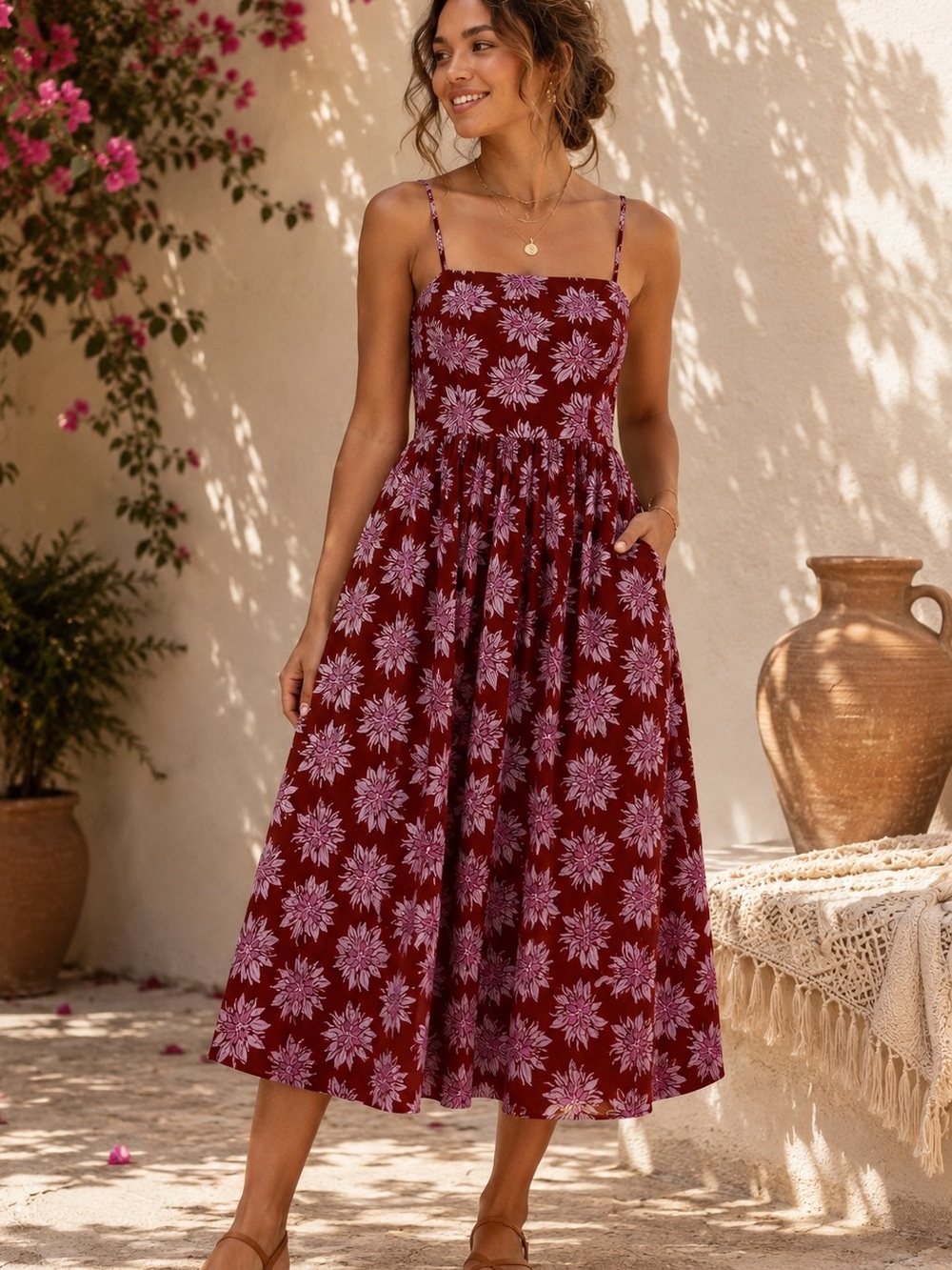 Dip Wine Floral Midi Dress with Lilac Print, Side Pockets, Sleeveless
